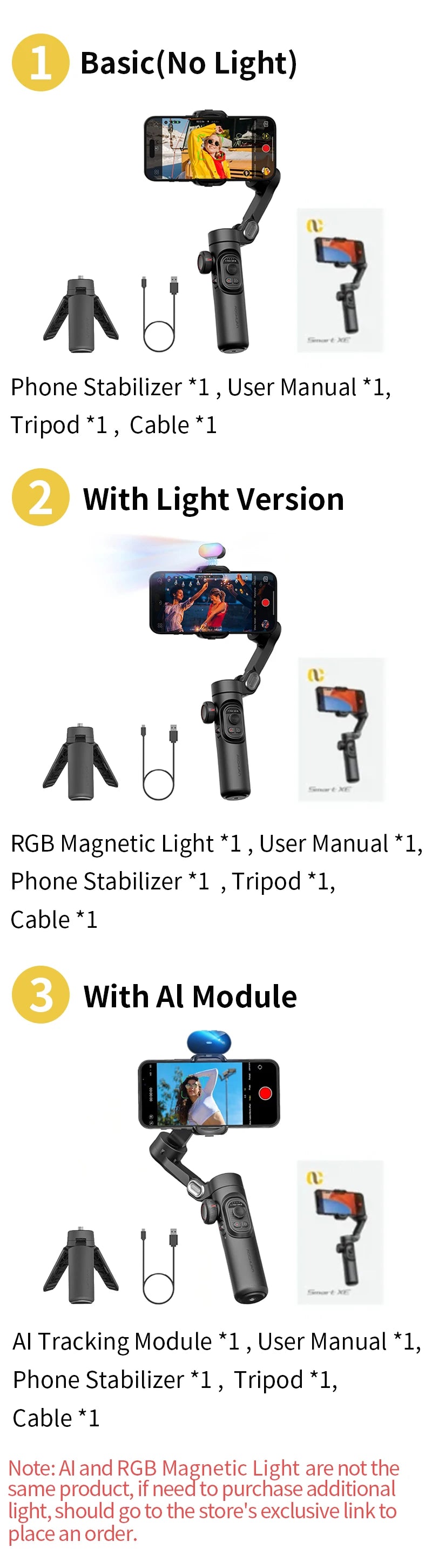 AOCHUAN 3-Axis Smartphone Gimbal Stabilizer with LED Light
