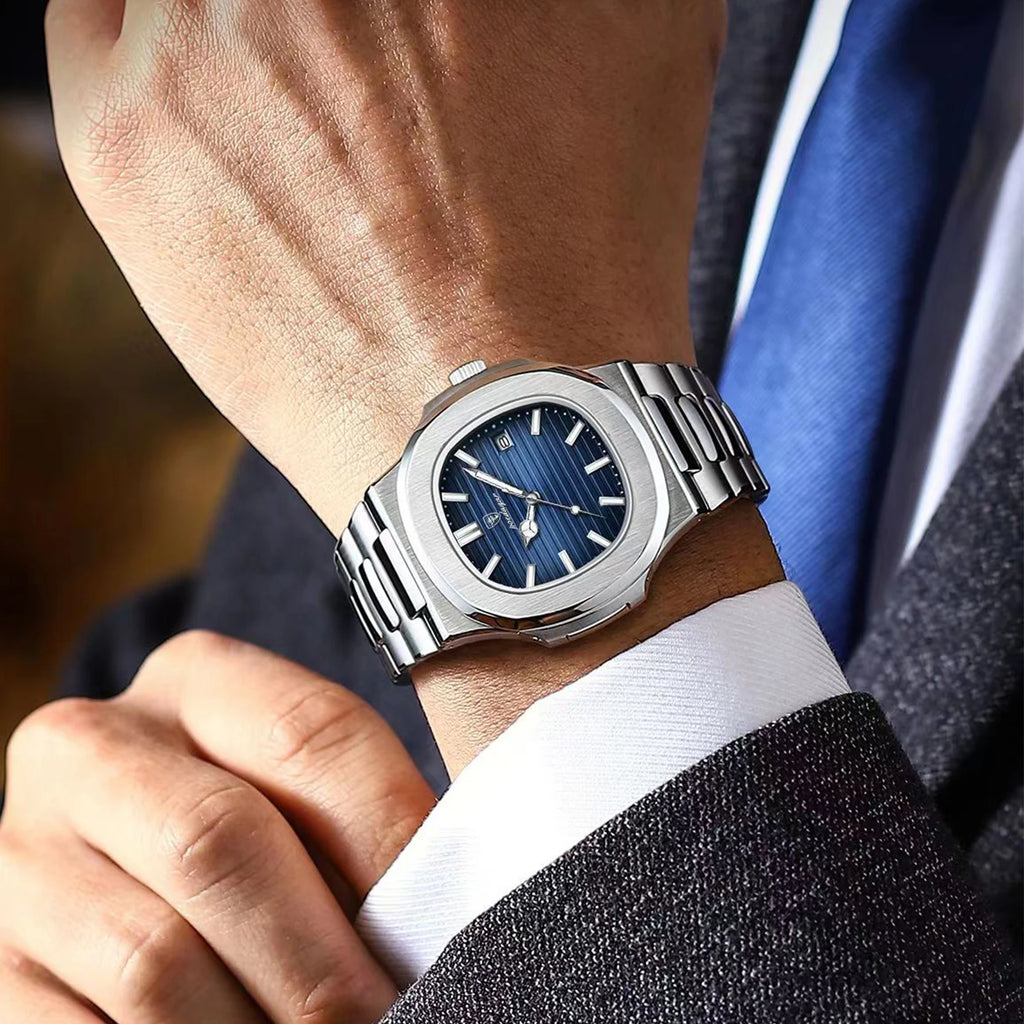 POEDAGAR Men's Square Luxury Quartz Watch - Waterproof, Luminous Date, Stainless Steel for Business & Sport