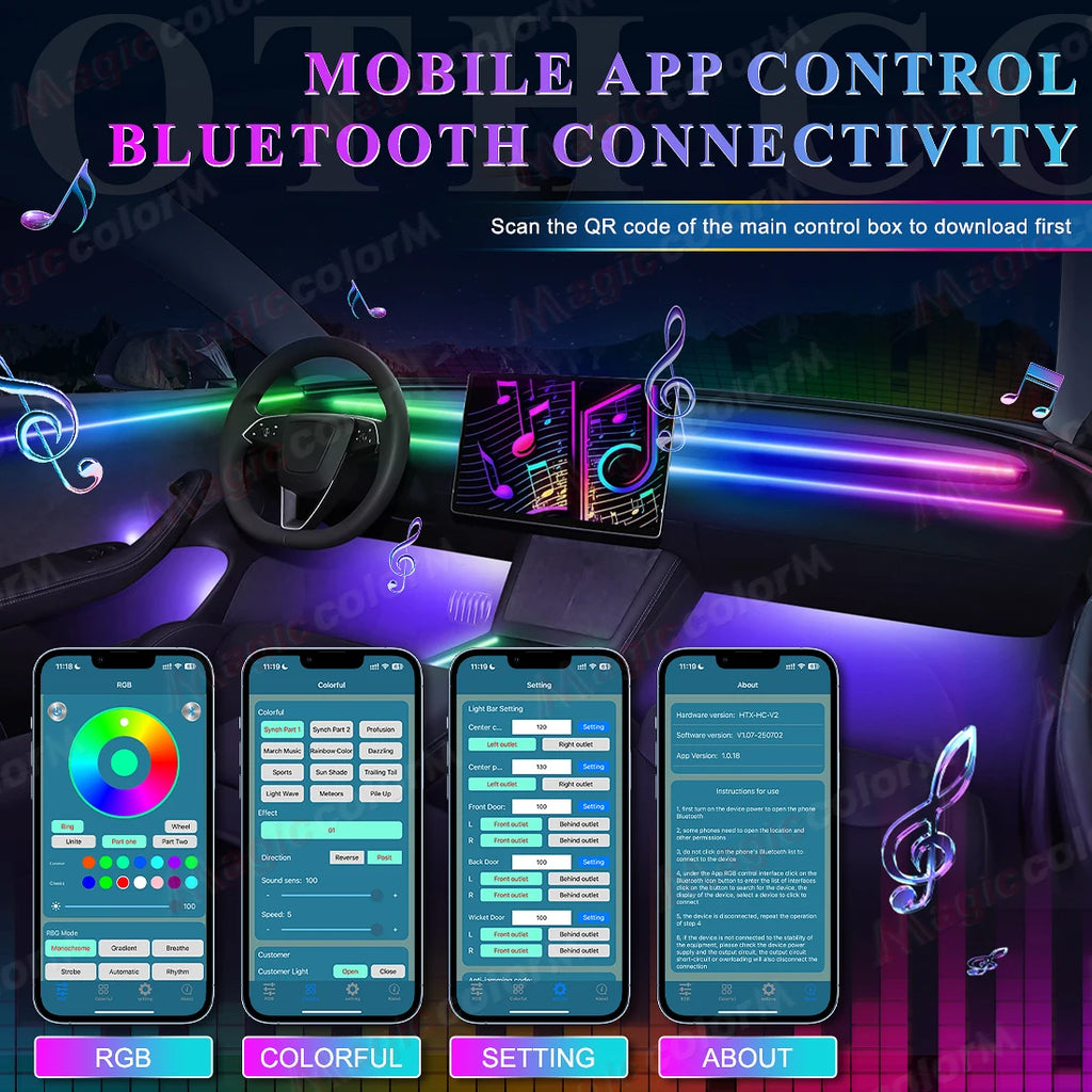18-in-1 LED Car Ambient Lights Kit - 64 Color RGB Symphony Streamer Interior Bluetooth Strips