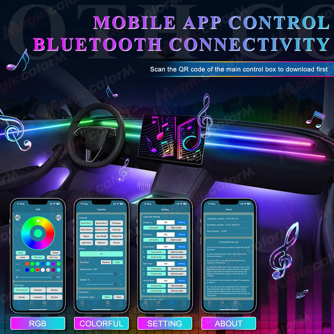 18-in-1 LED Car Ambient Lights Kit - 64 Color RGB Symphony Streamer Interior Bluetooth Strips