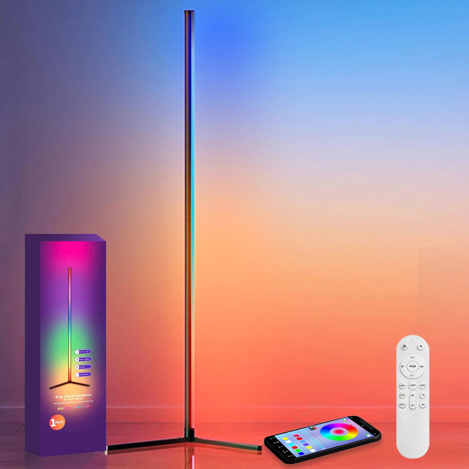 Smart RGB LED Corner Floor Lamp - App & Remote, 16M Colors, 63in