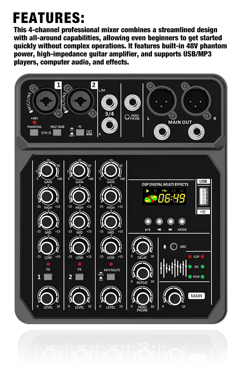 4-Channel Bluetooth Audio Mixer Console with 48V Phantom Power for USB Computer & Karaoke