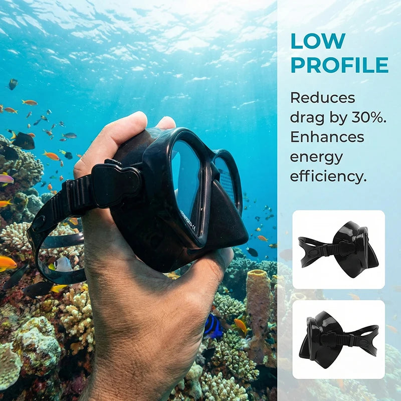 Low Volume Freedive Mask & Snorkel Set with Camera Mount - Tempered Glass Black