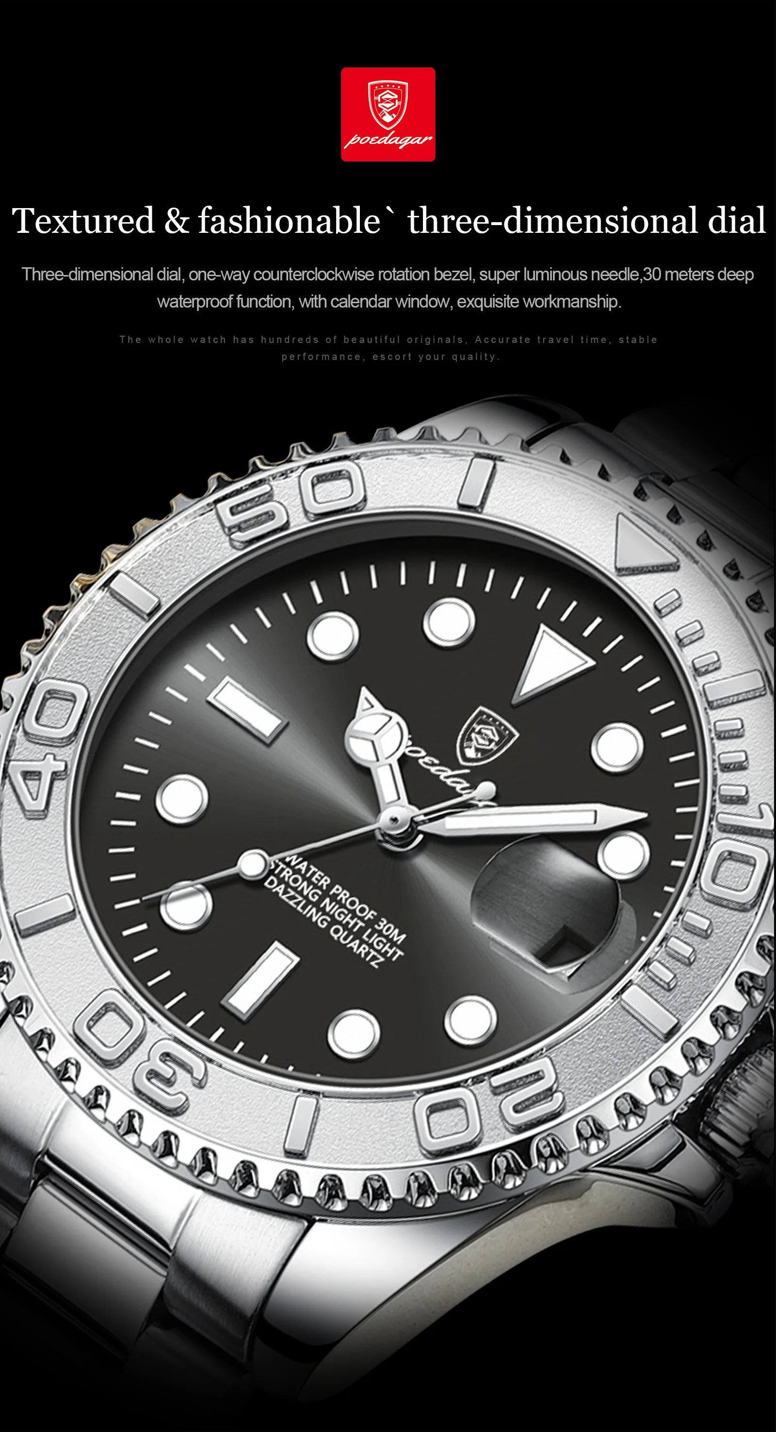 POEDAGAR Luxury Men's Quartz Watch - Waterproof & Luminous Date