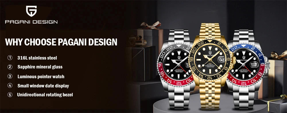 PAGANI DESIGN PD-1662 Luxury GMT Mechanical Watch - Sapphire, Steel, 100M Waterproof