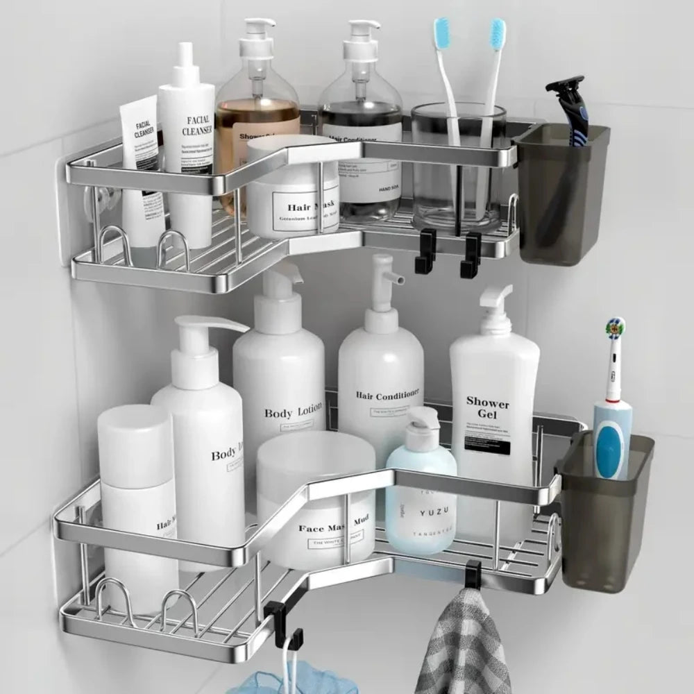 No Drilling Stainless Steel Corner Shelf - Double Layer Bathroom & Kitchen Storage