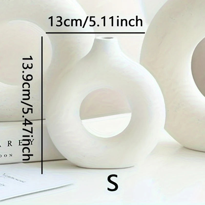 Elegant White/Beige Ceramic Donut Vase | Modern Home Decor