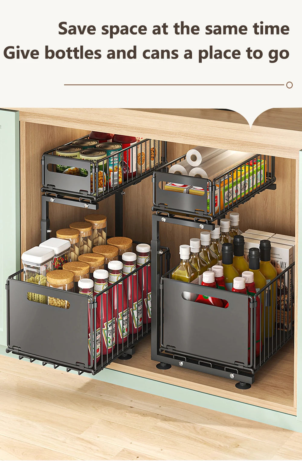2-Tier Pull-Out Cabinet Organizer - Adjustable Under Sink Storage & Spice Rack