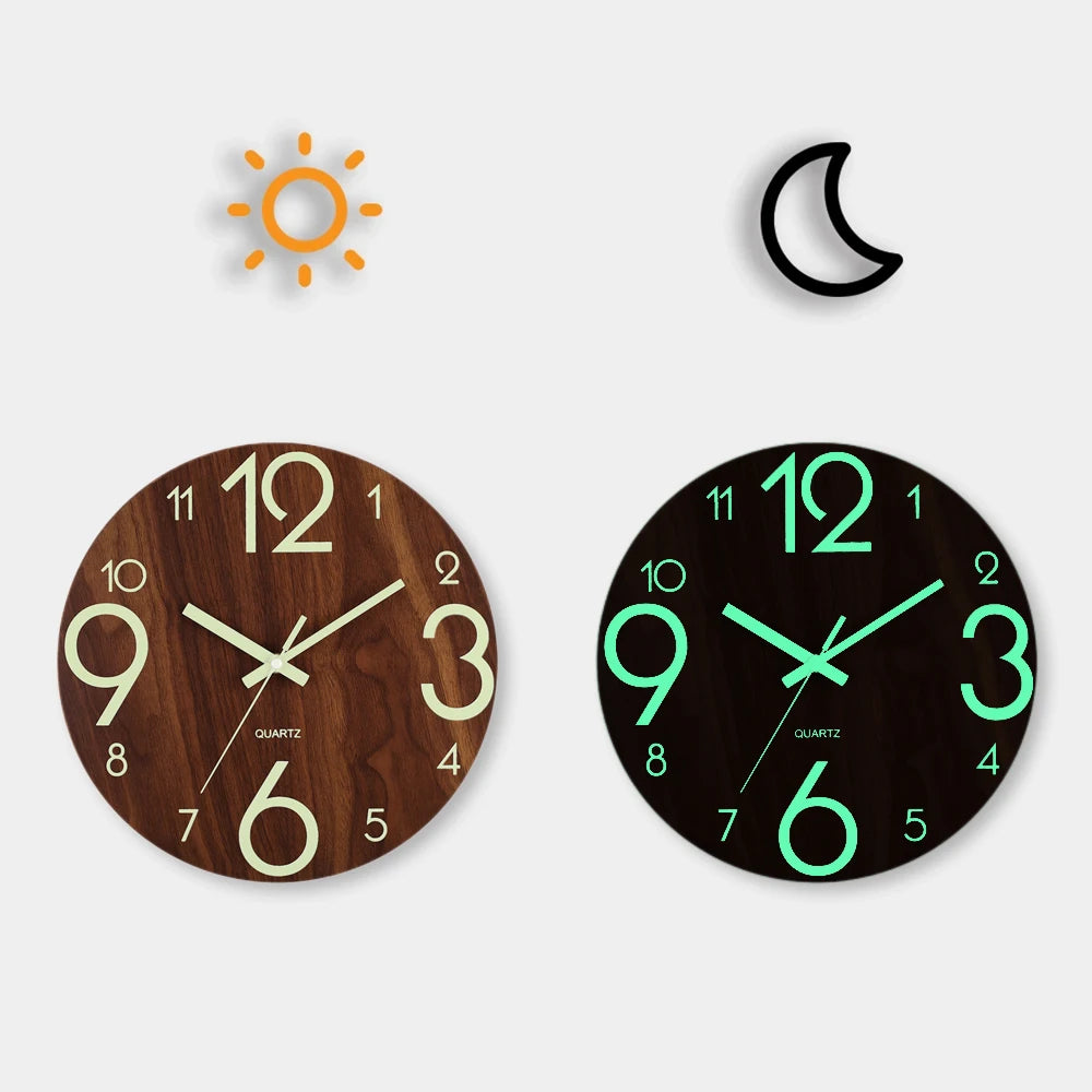 12-inch Luminous Silent Wood Wall Clock - Nordic Night Light Decor