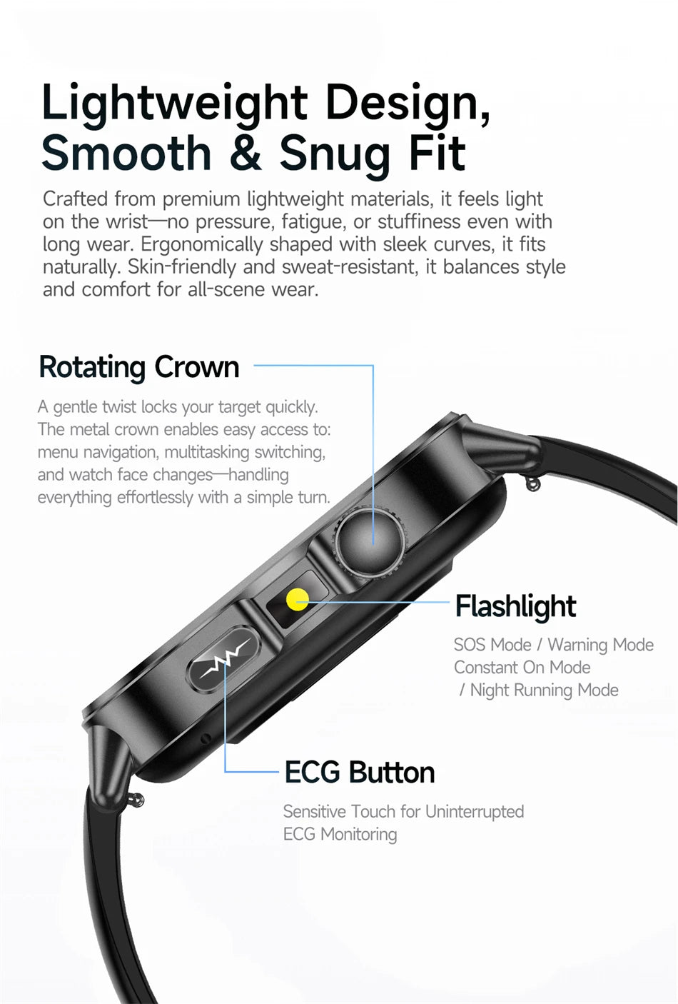 Vabena Men's ECG Smartwatch: Accurate Health Diagnosis with Blood Pressure, Oxygen, Fat, Uric Acid & Temp Monitoring