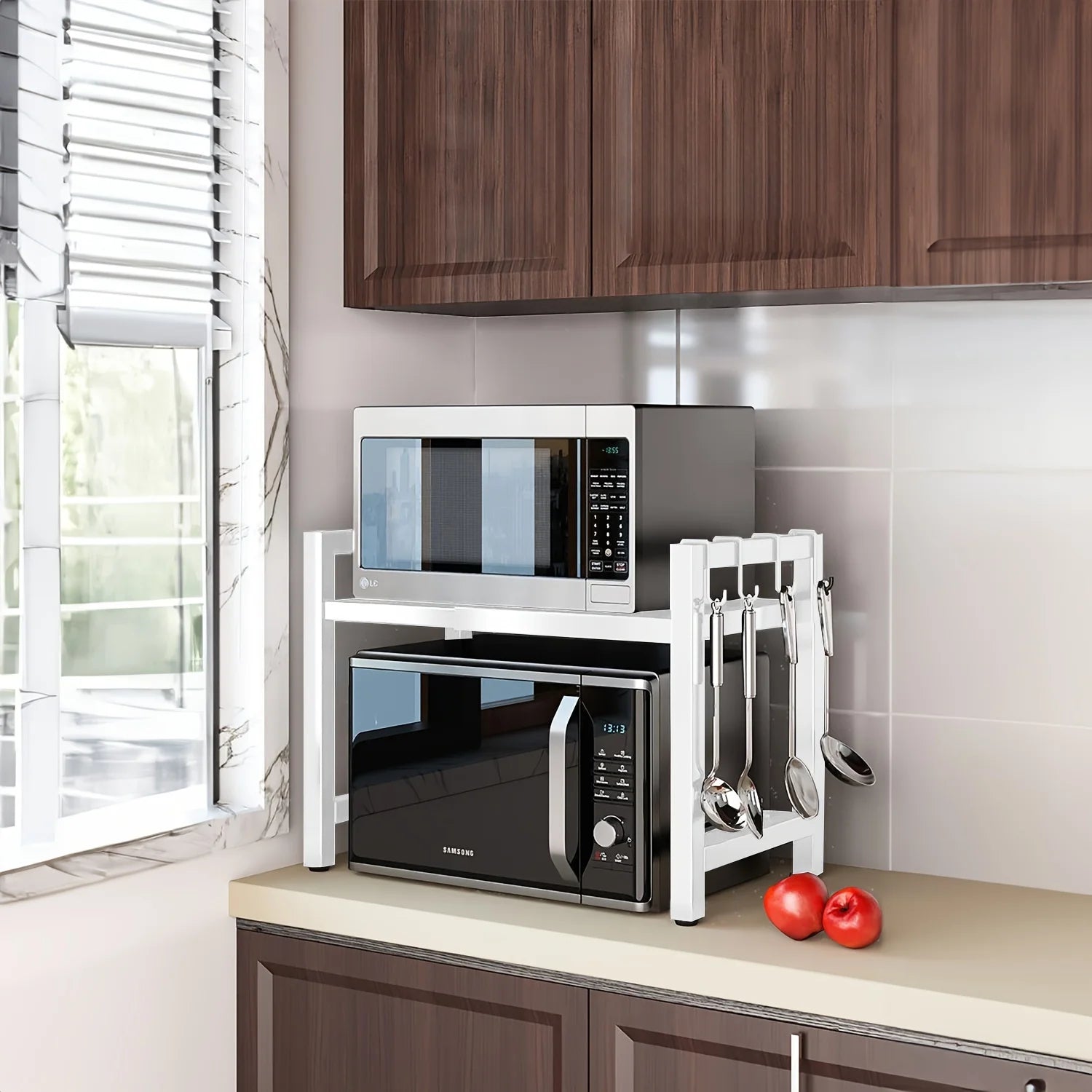 Expandable Microwave Shelf with 6 Hooks - Kitchen Storage Rack