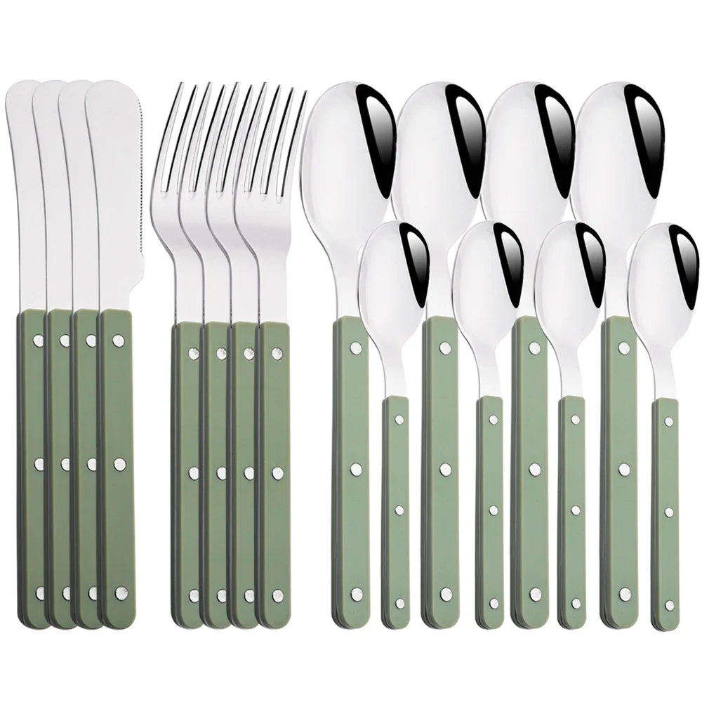 Elegant Beige Silver Acrylic Handle Cutlery Set - 4/16 Pc Stainless Steel Dinnerware