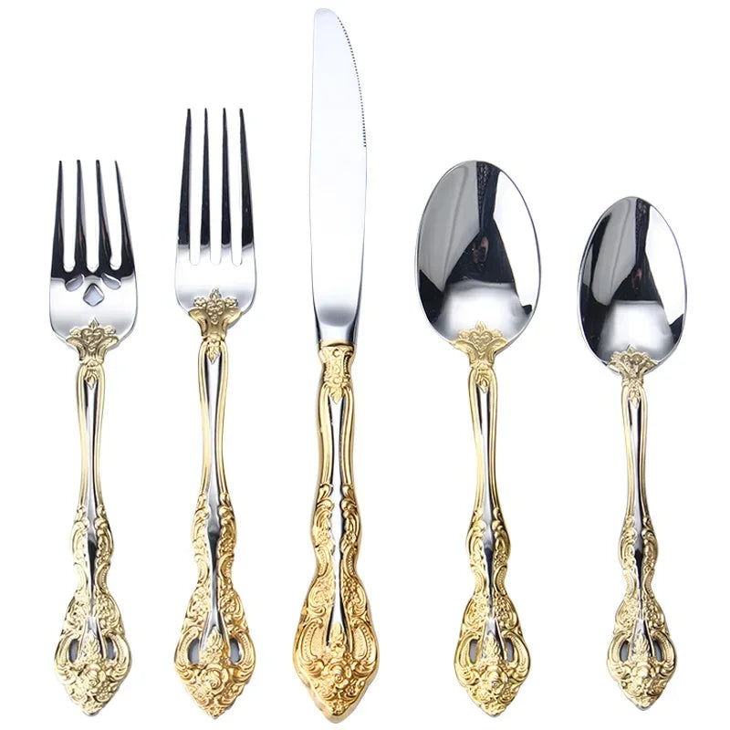 Luxury Retro Gold Silverware Set | 5-Piece 304 Stainless Steel Cutlery