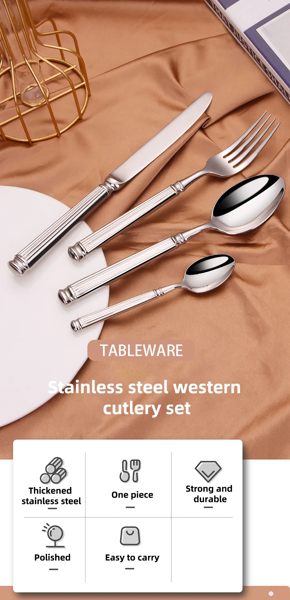 Elegant Striped Silver Cutlery Set - Premium Stainless Steel 304