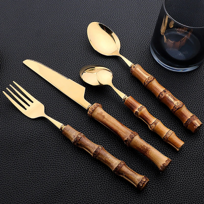 24Pcs Bamboo Handle Stainless Steel Cutlery Set - Natural Flatware