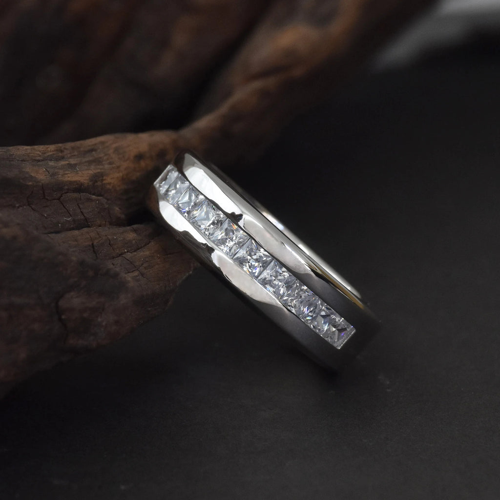 Newshe Men's Half Eternity Moissanite Wedding Band