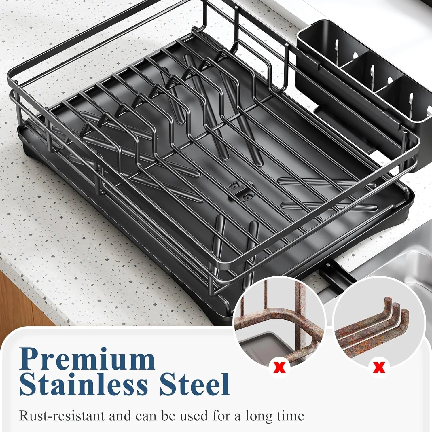 Large Rustproof Dish Drying Rack for Kitchen Counter with Drainboard & Utensil Holder