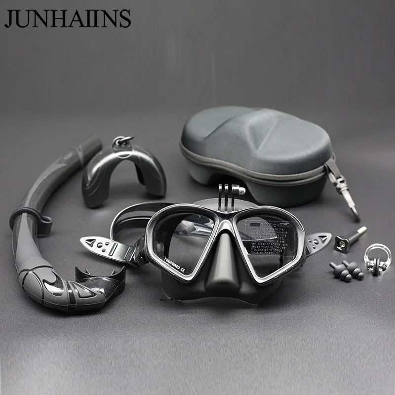 Low Volume Freedive Mask & Snorkel Set with Camera Mount - Tempered Glass Black