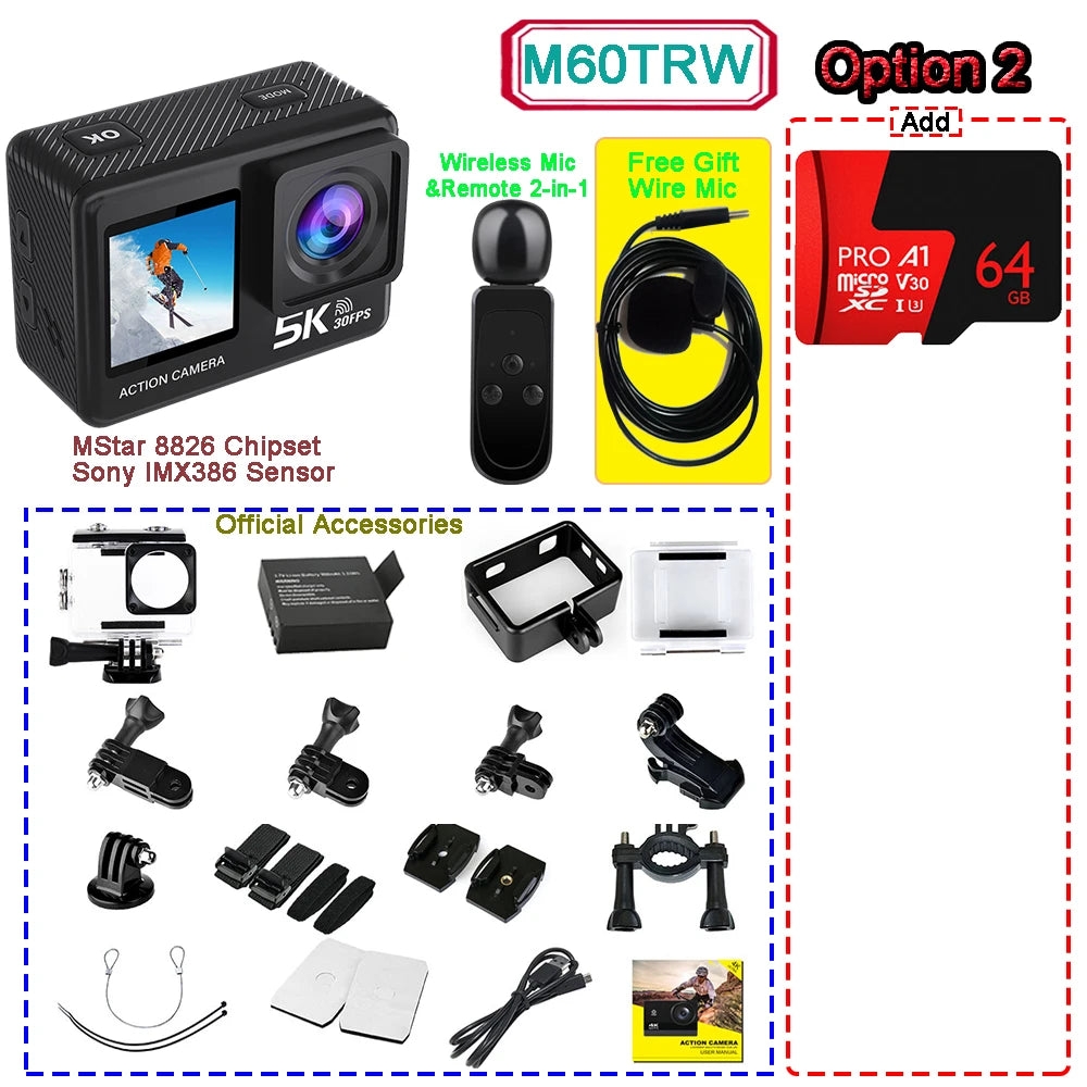 Sony IMX576 5K 4K 60FPS Waterproof 48MP Wi-Fi Action Camera for Adventure