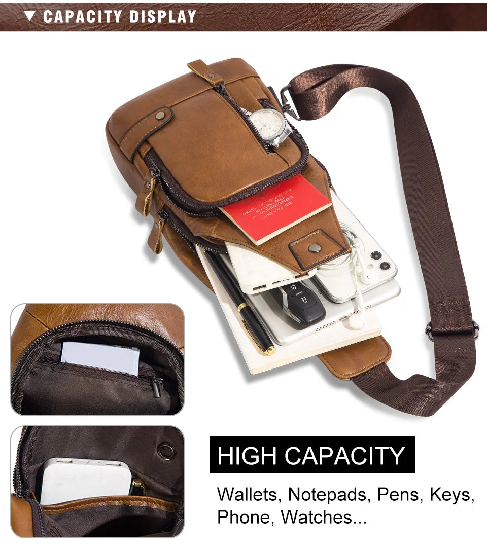 HUMERPAUL Men's Genuine Leather USB Crossbody Chest Bag - Travel & Fashion