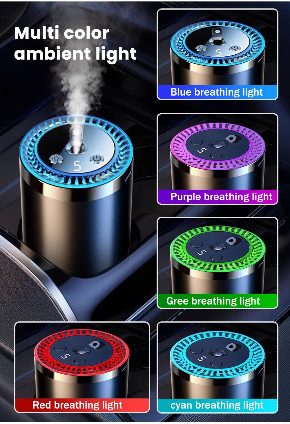 Vabena Rechargeable Car Aroma Diffuser - Colorful, Wireless & Portable