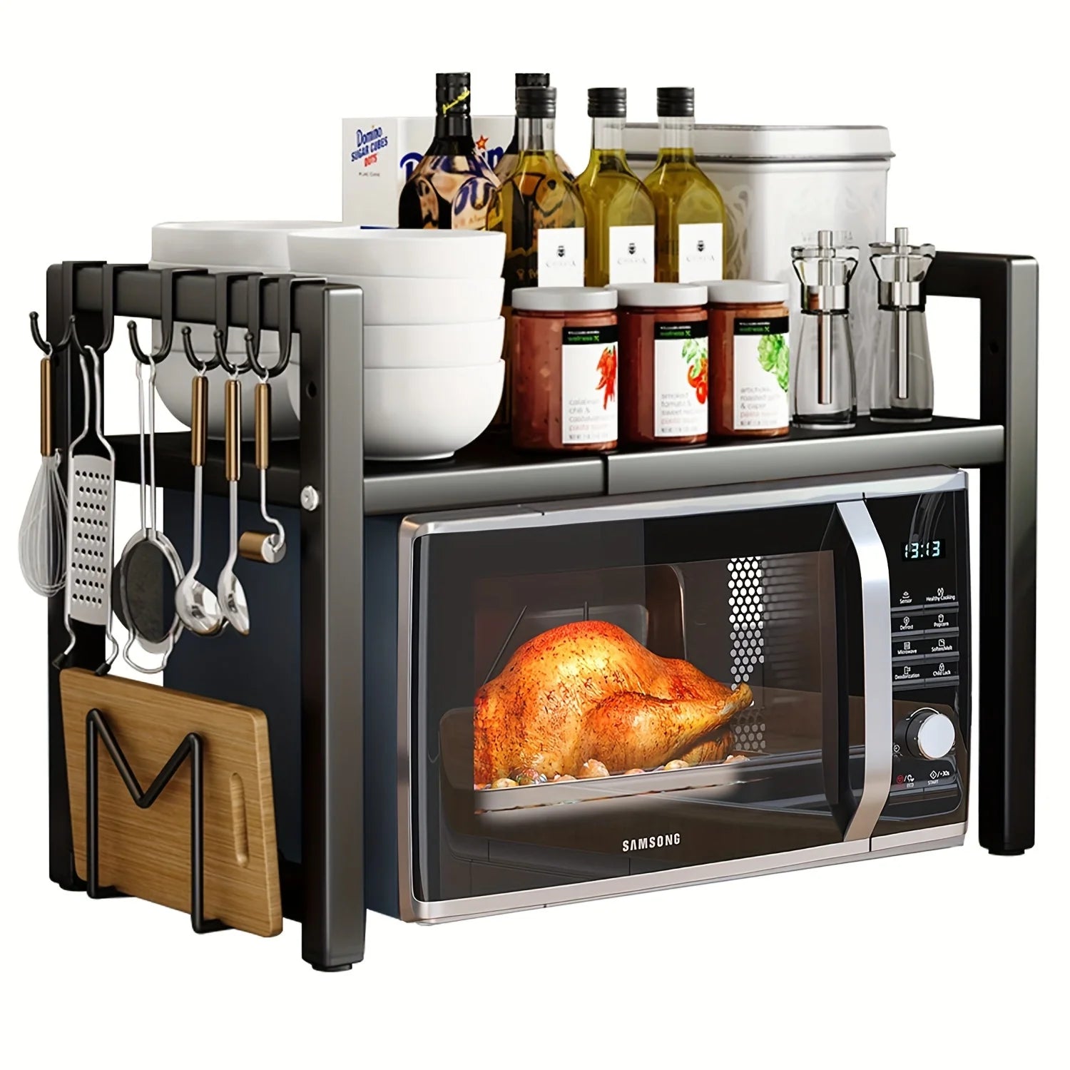 Expandable Microwave Shelf with 6 Hooks - Kitchen Storage Rack