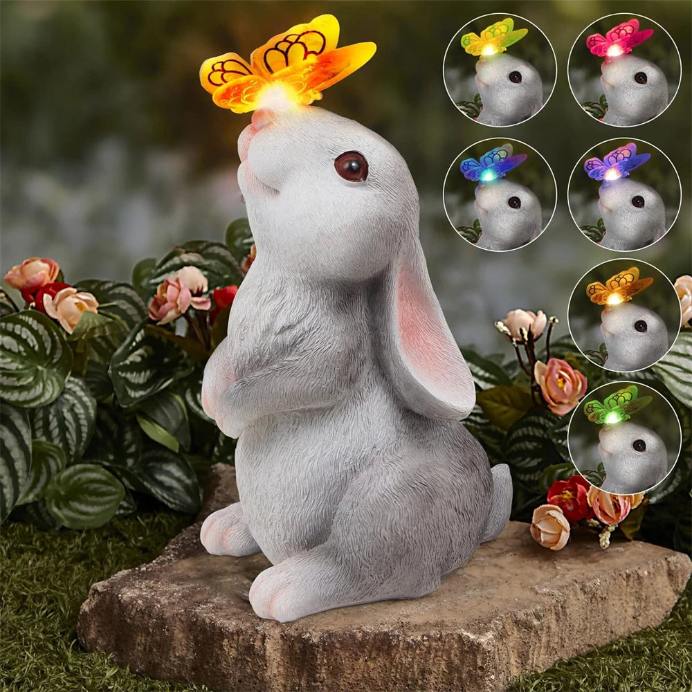 Solar Bunny Garden Statue with LED Butterfly Light - Outdoor Resin Decor