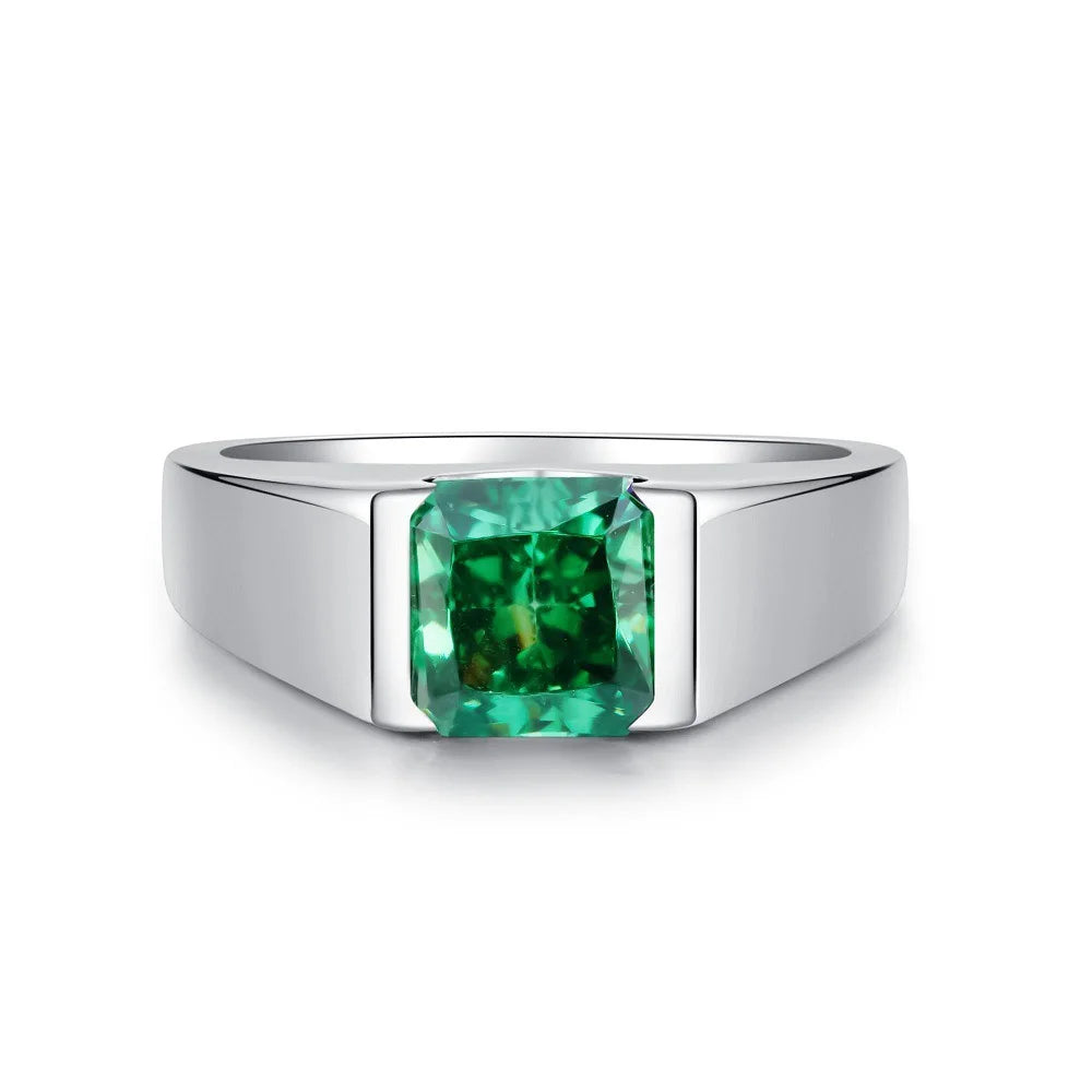 Luxury Men's Platinum PT950 Emerald & Moissanite Ring