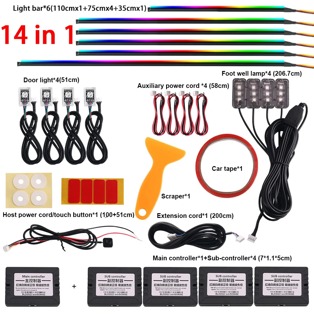 18-in-1 Car Interior RGB Ambient Light Kit - 64 Colors, App Controlled Symphony Lighting