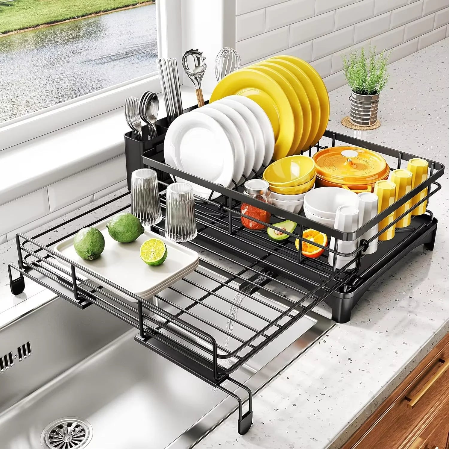 Large Rustproof Dish Drying Rack for Kitchen Counter with Drainboard & Utensil Holder