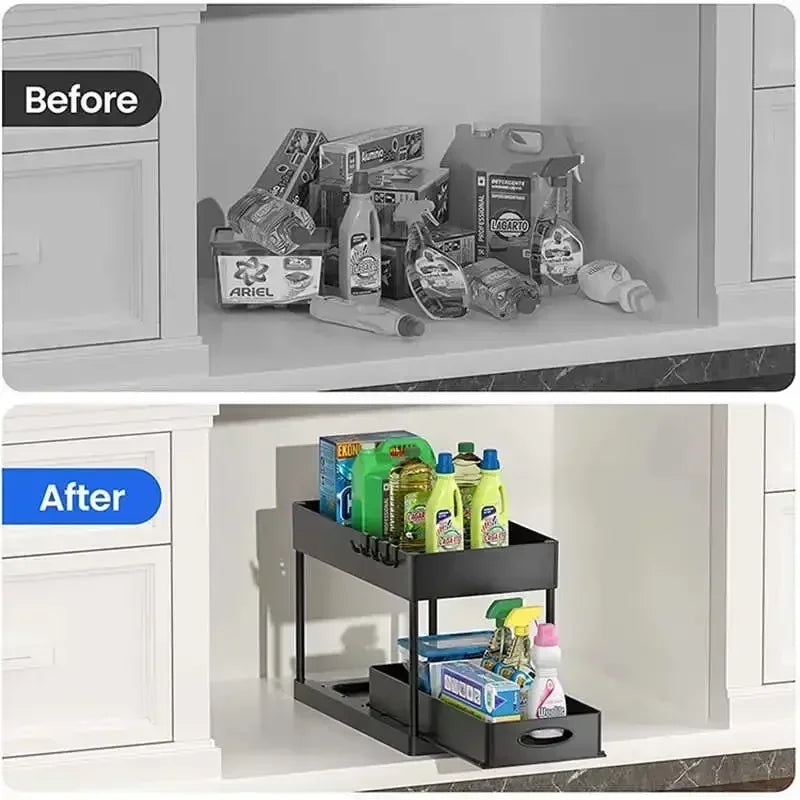 2-Tier Under Sink Organizer - Sliding Cabinet Basket Storage Rack for Bathroom & Kitchen