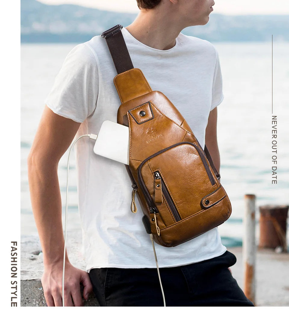 HUMERPAUL Men's Genuine Leather USB Crossbody Chest Bag - Travel & Fashion