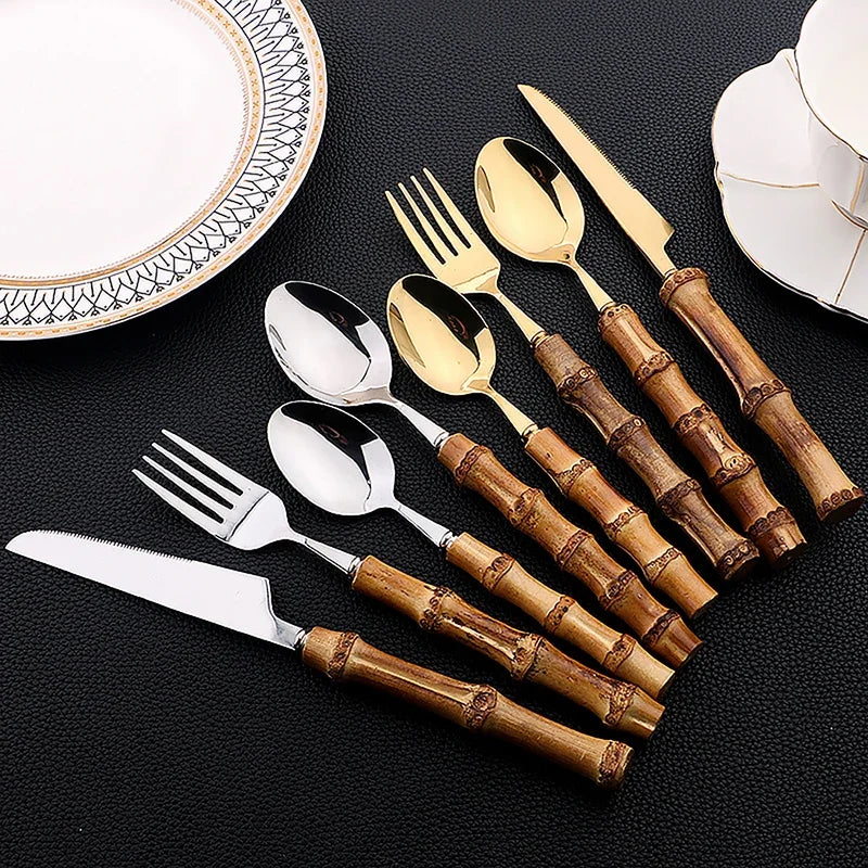 24-Piece Bamboo & Stainless Steel Cutlery Set - Elegant Dining