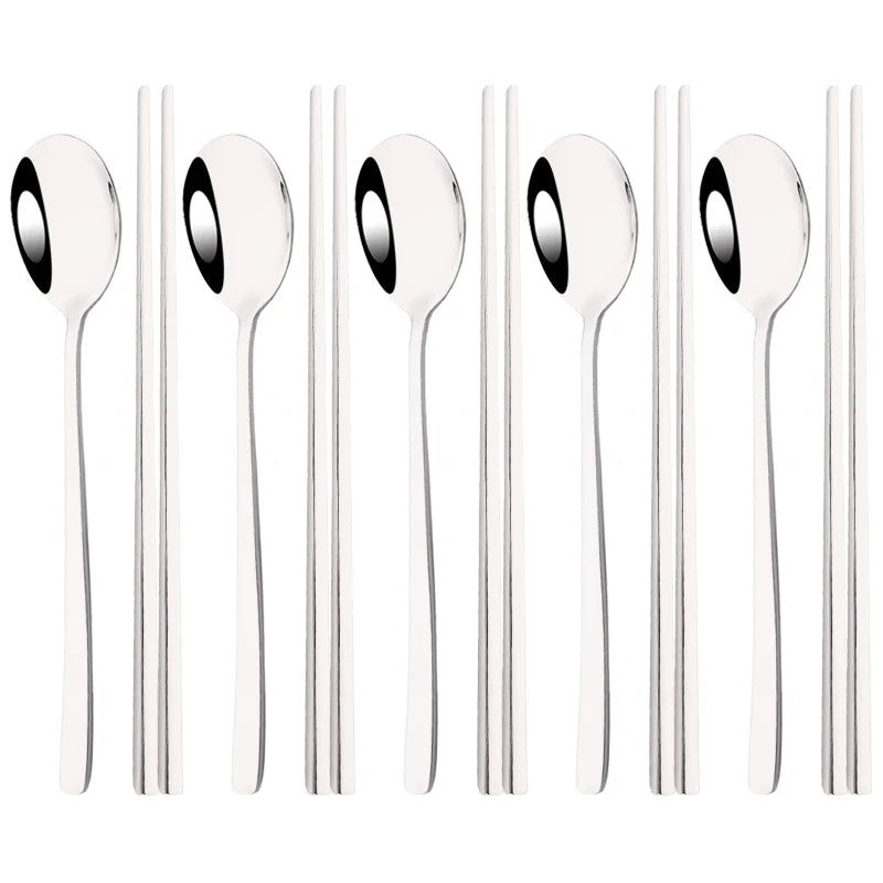 304 Stainless Steel Korean Cutlery Set | 10-Piece Chopsticks & Spoons