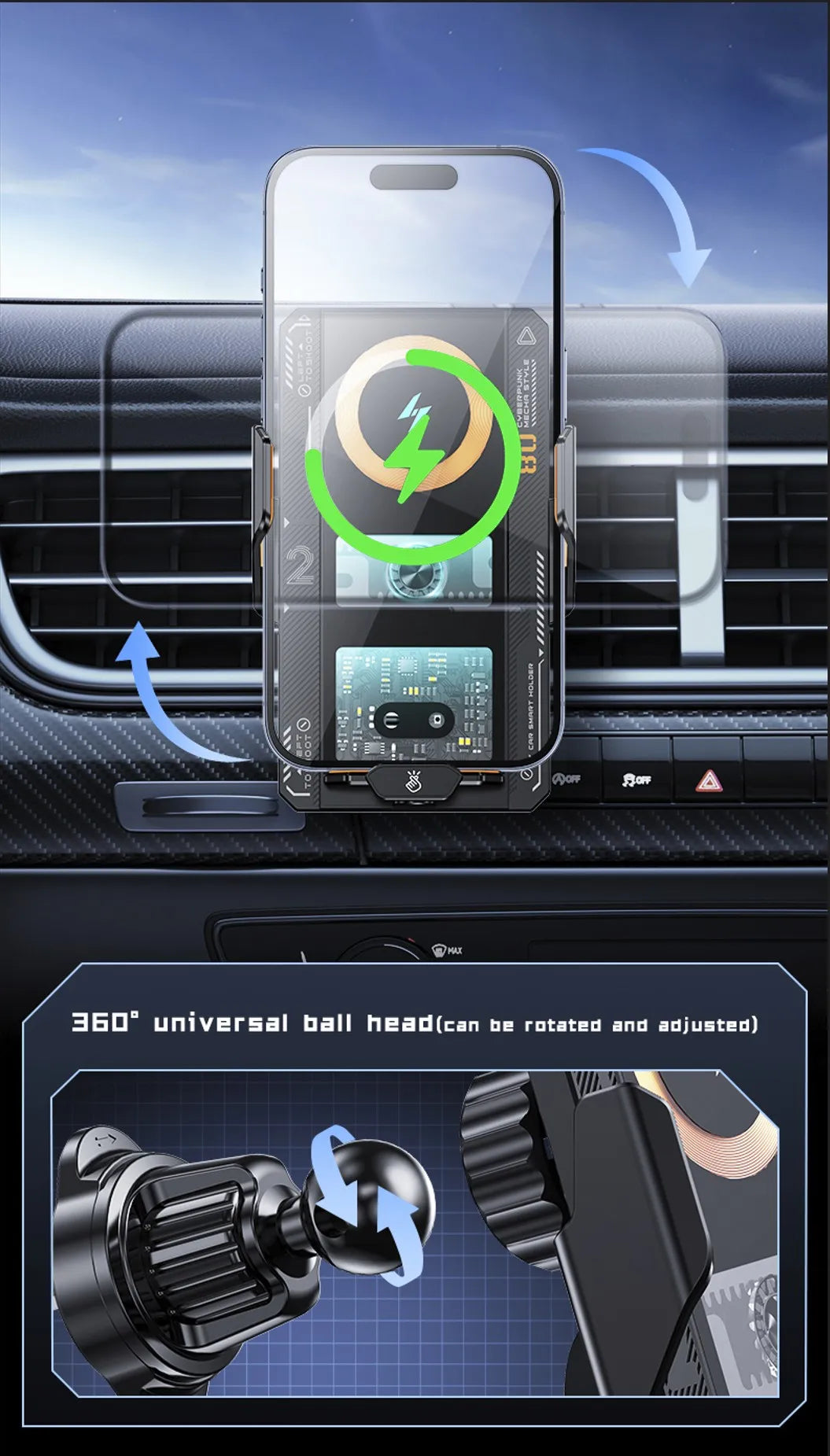 Smart Sensing Car Phone Mount | 15W Wireless & 66W Fast Charging Auto Clamping Holder