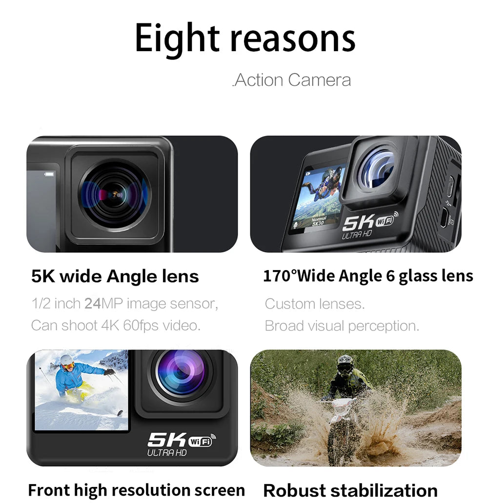 Sony IMX576 5K 4K 60FPS Waterproof 48MP Wi-Fi Action Camera for Adventure