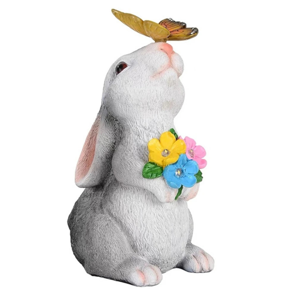 Solar Bunny Garden Statue with LED Butterfly Light - Outdoor Resin Decor