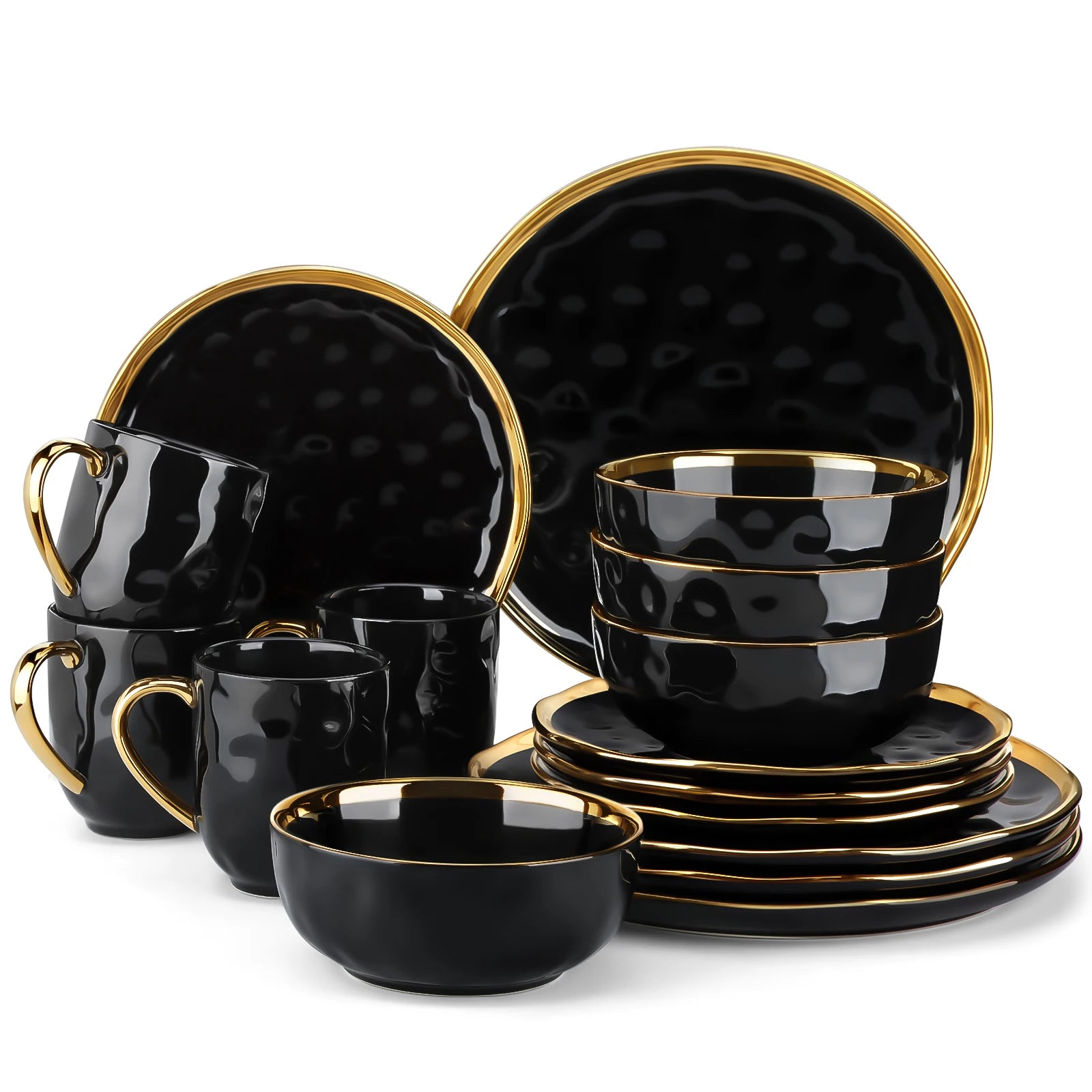 LOVECASA 16/32-Piece Black Porcelain & Gold Dinnerware Set