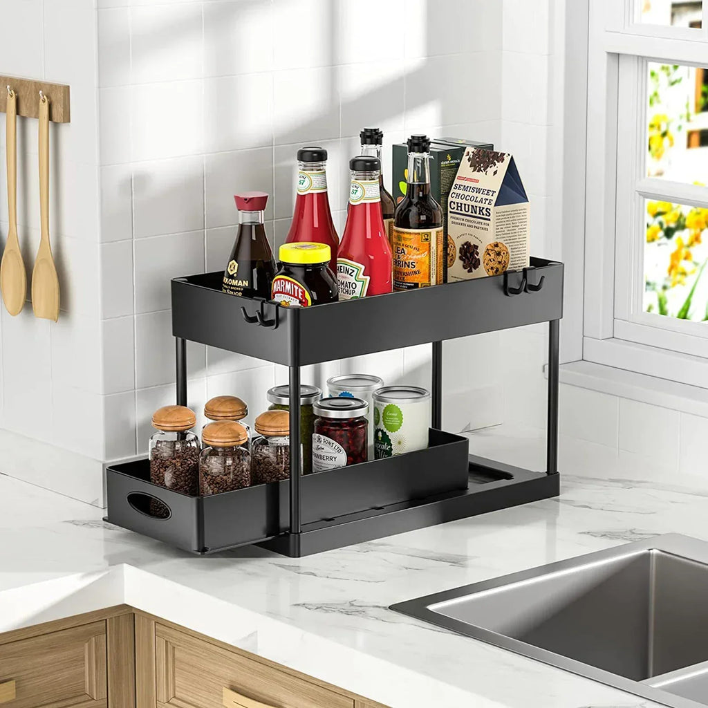 2-Tier Under Sink Organizer - Sliding Cabinet Basket Storage Rack for Bathroom & Kitchen