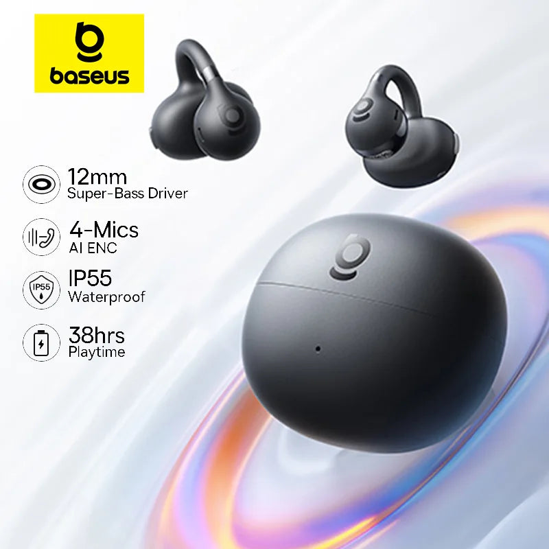 Baseus BC1 Open Ear Clip Earbuds - Wireless Bluetooth 6.0 Sports Headphones with 4-Mics & Super Bass IP55