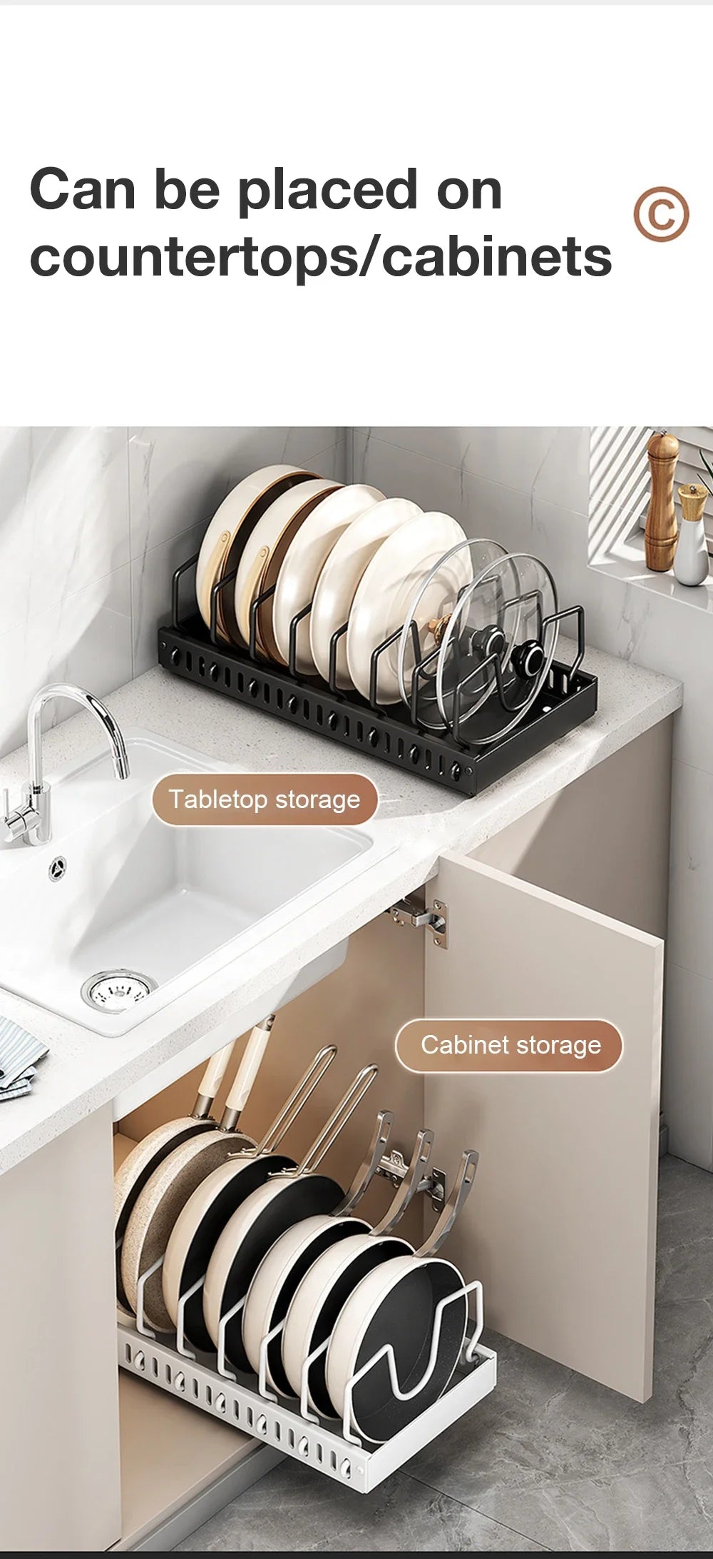 Kitchen Multifunctional Pull-Out Organizer for Pots, Pans, Lids, Spices & Dishes