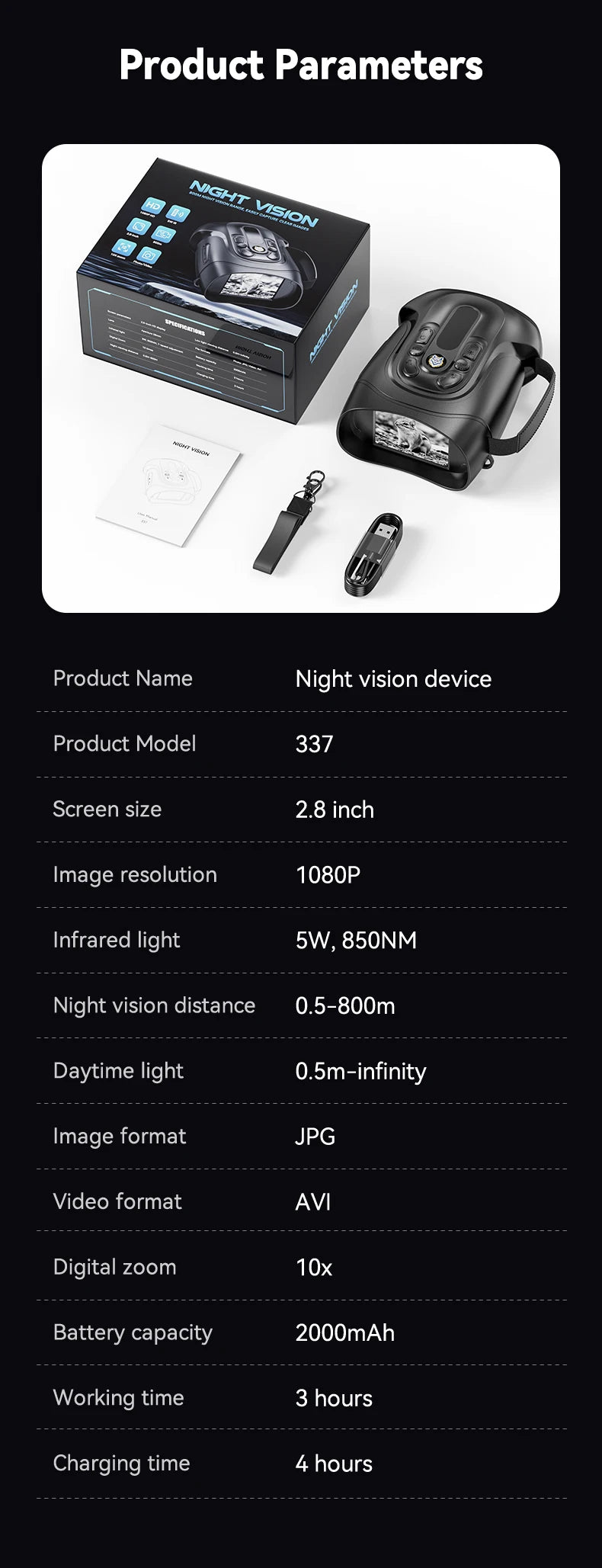 10X Digital Night Vision Binoculars Goggles - 5W IR 800M Full Dark Video