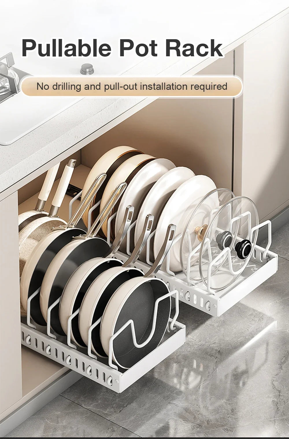 Kitchen Multifunctional Pull-Out Organizer for Pots, Pans, Lids, Spices & Dishes
