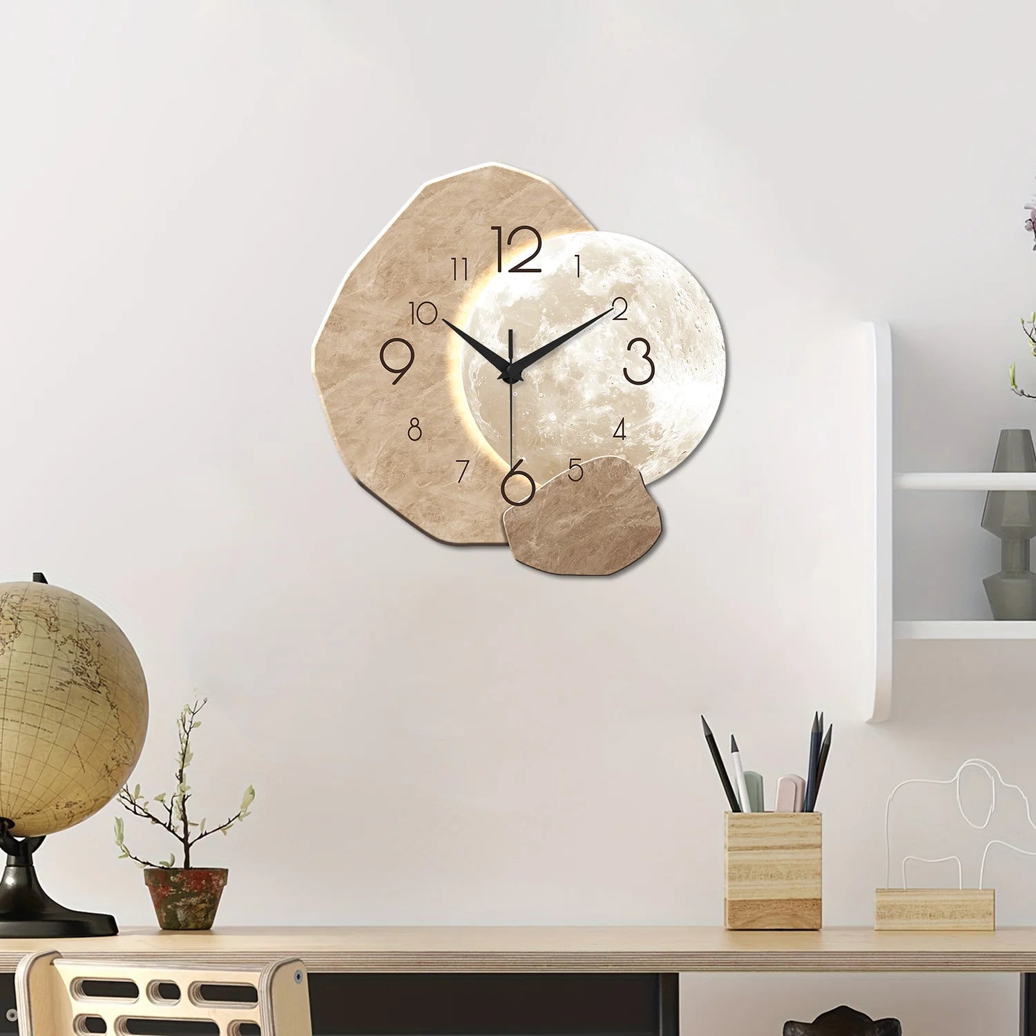 Modern Silent Moon Wall Clock - Quartz Wood Decor