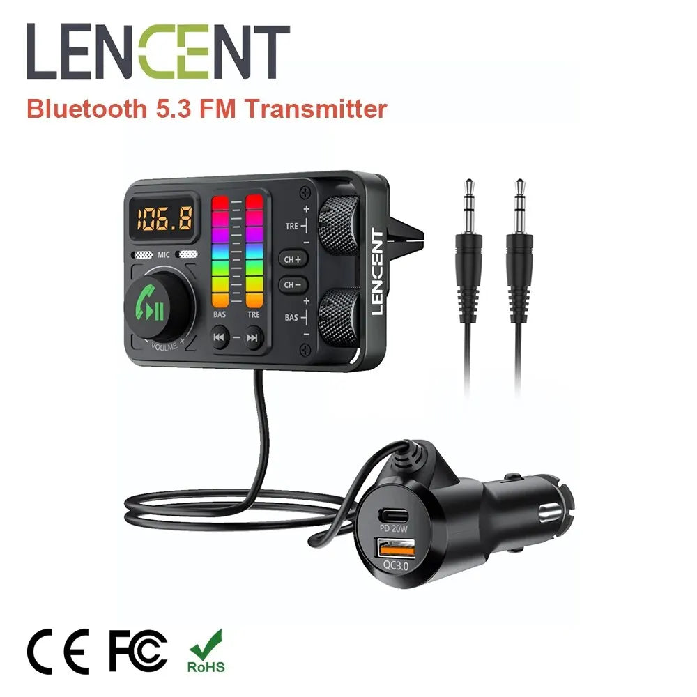 LENCENT Bluetooth 5.3 Car FM Transmitter & Fast Charger