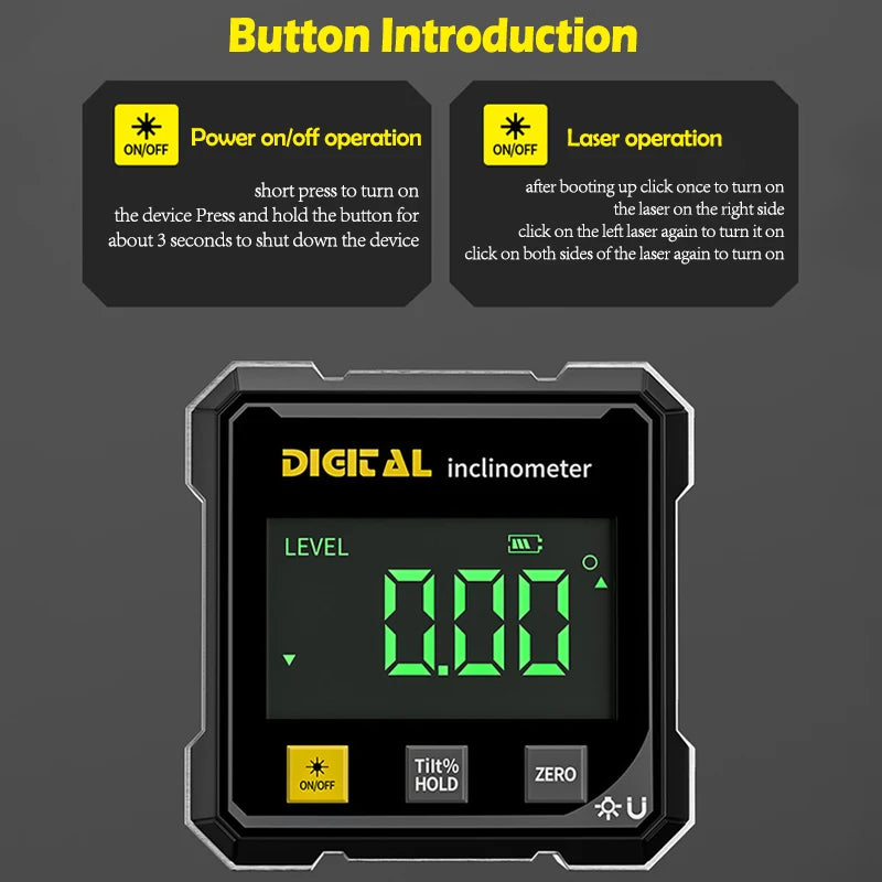 Magnetic Digital Angle Finder & 360° Laser Protractor Level | USB-C