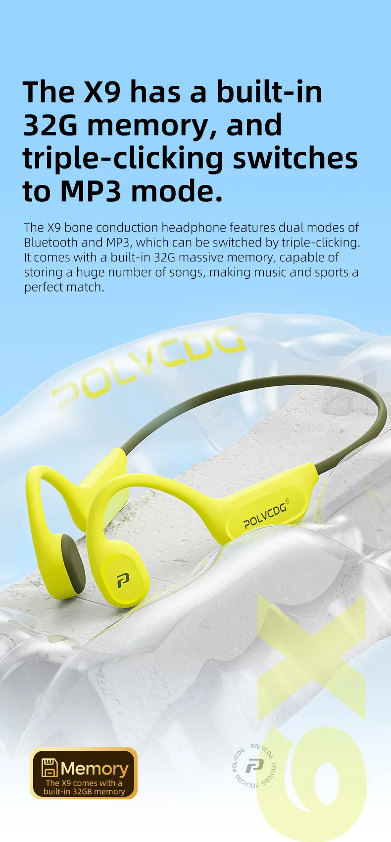 POLVCDG X9 Bone Conduction Headphones - 32GB IPX8 Waterproof