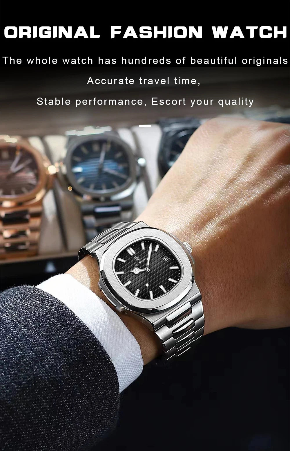 POEDAGAR Men's Square Luxury Quartz Watch - Waterproof, Luminous Date, Stainless Steel for Business & Sport