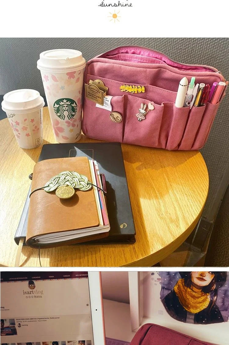 Large Capacity Canvas Pencil Case - Multi-Layer Storage for High School Students