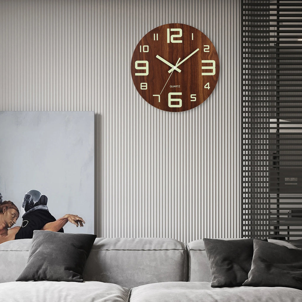 12-inch Luminous Silent Wood Wall Clock - Nordic Night Light Decor